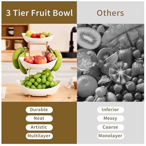 Elegant 3-Tier Ceramic Serving Bowl Set with Gold Stand, White Decorative Display Bowls for Fruits, Desserts, Appetizers