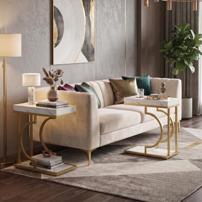 Tribesigns C Shaped Modern End Table for Coach with Metal Frame | Faux Marble Grain, Small Side Table for Living Room, Nightstand for Bedroom, White&Gold - color: White&gold