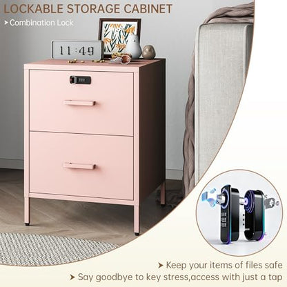 Steehoom Metal Nightstand with Lock, 2 Drawer End Side Table, Lockable Storage Cabinet Kids Cabinet for Living Room, Bedroom, Dorm, 21.26”H X 15.75”W X 15.75”D (2 Drawer, Pink) - color: Pink, style: 2 Drawer