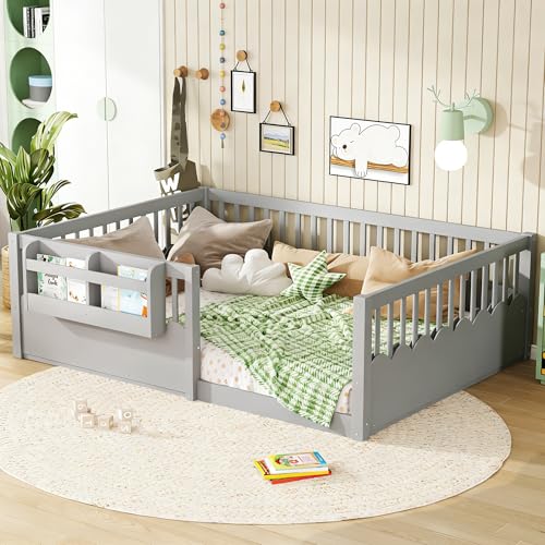 Bellemave Full Size Kids Floor Bed with Heightened Fence and Bookshelf, Wooden Full Montessori Bed Frame for Girls Boys, Grey - color: Grey Shelf, size: Full