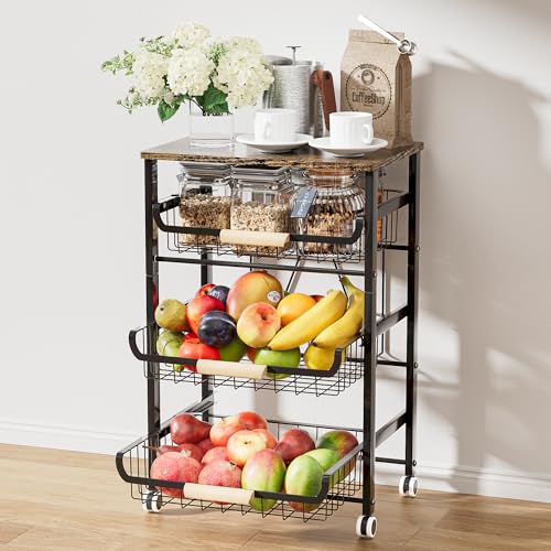 JAQ Fruit Vegetables Carts, 4-Tier Slide Out Metal Storage Baskets Stand Organizers with Wood Top and Handle on Rolling Wheels for Onions in Kitchen Pantry Fruteros para Cocina -(Black, 4 Layer) - color: 4-tier/Black