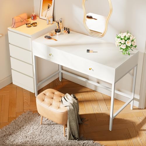 SUPERJARE Vanity Desk with Drawers, 47 inch Computer Desk, Modern Simple Home Office Desks, Makeup Dressing Table for Bedroom - White, 7997W - color: White, size: 47 inch