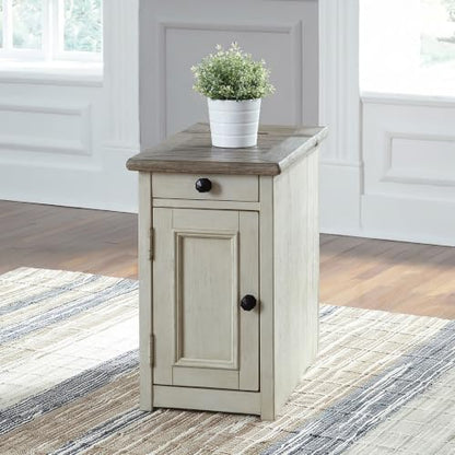 Signature Design by Ashley Bolanburg Farmhouse Chair Side End Table, 2 USB Ports, Pull-out Tray, Wood, 14" W x 24.25" D x 23" H, Antique Cream & Brown - color: Whitewash