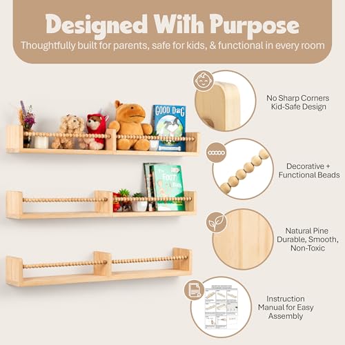 Nursery Book Shelves for Wall – Set of 3 Wooden Wall-Mounted Shelves, Premium Pine Wood, Rounded Edges, Nursery Bookshelf for Kids Room Decor, 31.5" x 3.9" x 3.7"