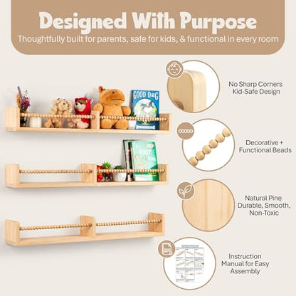 Nursery Book Shelves for Wall – Set of 3 Wooden Wall-Mounted Shelves, Premium Pine Wood, Rounded Edges, Nursery Bookshelf for Kids Room Decor, 31.5" x 3.9" x 3.7"