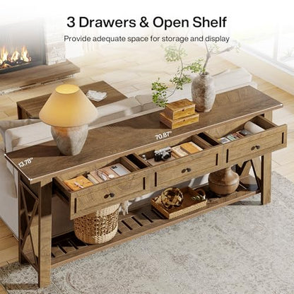 Tribesigns Console Table with 3 Storage Drawers, 70.87 Inches Extra Long Sofa Table Behind Couch with Bottom Shelf, Farmhouse Wooden Entryway Hallway Foyer Table for Living Room, Entrance (Brown) - color: Brown