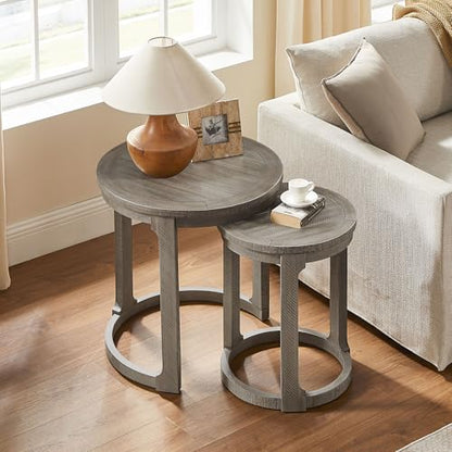 Round End Side Table Set of 2, Handcraft Nesting Table for Living Room, Modern Wood Circle Style, Easy Assembly, Light Brown - color: S1-2pcs-light Brown