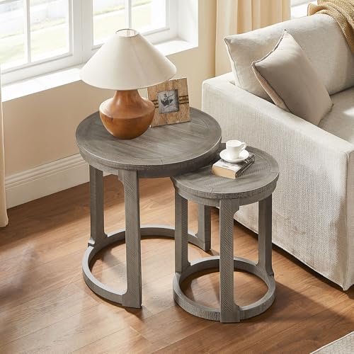 Round End Side Table Set of 2, Handcraft Nesting Table for Living Room, Modern Wood Circle Style, Easy Assembly, Light Brown - color: S1-2pcs-light Brown