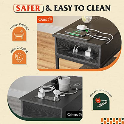 WLIVE Narrow Side Table with 2 USB Ports and 2 Outlets, Flip Top Black End Table with Drawer and Storage Shelves, Small Nightstand with Charging Station for Living Room/Bedroom - color: Black