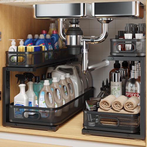 2 Pack 21.3IN-Depth Under Sink Organizer with Smooth Cylindrical Rail,2-Tier Pull Out Multi-Purpose Cabinet Storage for Bathroom&Kitchen,Height Adjustable,Rust-Resistant Coating-Black - color: Black, size: 2 Pack-21.3"Dx11"-16.14"H