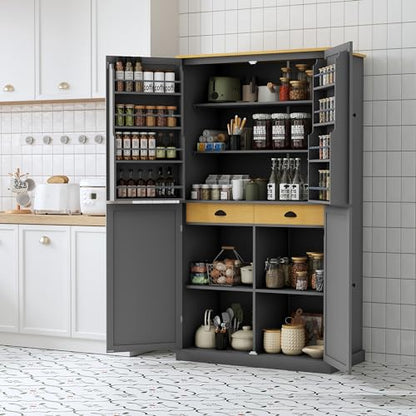 Linique 71.3" Kitchen Pantry with 2 Drawers, 2 Adjustable Shelves, 8 Door Racks, Large Wooden Cupboard, Freestanding Tall Cabinet for Kitchen Dining Room Grey