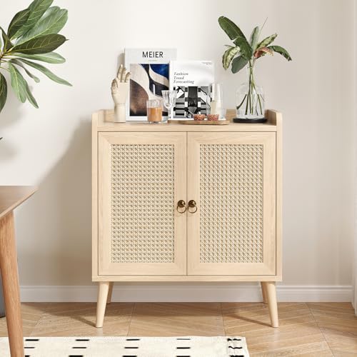 Farini Sideboard Buffet Cabinet,Bar Liquor Cabinet with Rattan Decorated Doors, Credenza Console Table for Dining Room, Living Room,Hallway，Nature - color: Natural, size: 26.4 inch-Doors
