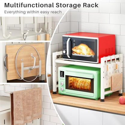 Microwave Stand, 2-Tier Expandable(17.4"-27.4") Microwave Oven Rack, Heavy Duty Adjustable Shelf with 9 hooks, Kitchen Organizer Storage Shelves for Pantry, Countertop, Coffee Bar, Office, Dorm, White - style: 2 Tier-White