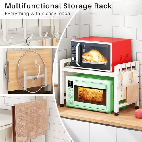 Microwave Stand, 2-Tier Expandable(17.4"-27.4") Microwave Oven Rack, Heavy Duty Adjustable Shelf with 9 hooks, Kitchen Organizer Storage Shelves for Pantry, Countertop, Coffee Bar, Office, Dorm, White - style: 2 Tier-White