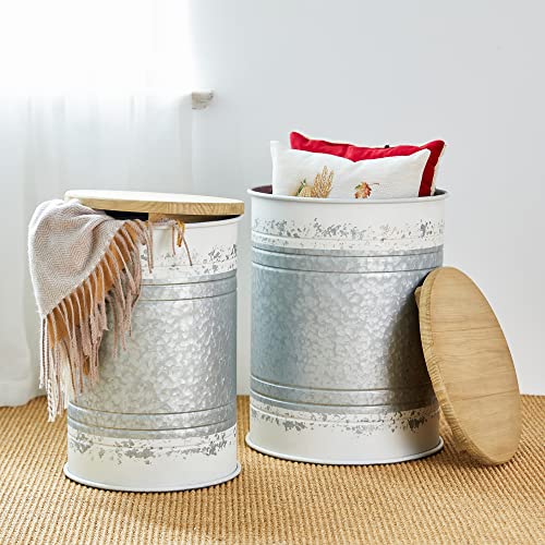 Glitzhome Rustic End Table Set of 2, Farmhouse Galvanized Metal Barrel Ottoman Storage Stool with Round Wood Lid for Living Room Furniture, Distressed White - color: Distressed White