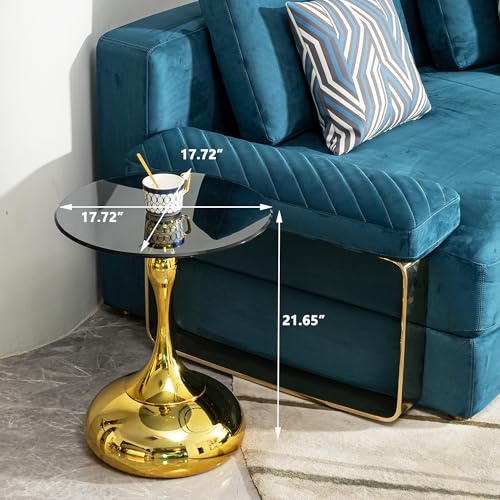 Luxury Round End Table Gold Metal Base 17.7inch Black Tempered Glass Top Modern Small Side Table Living Room Table Sofa Small Coffee Tables Cute Shape (Glod+Glass) - color: Glod+glass