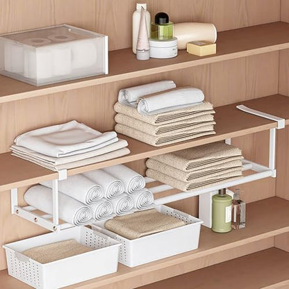Under-Shelf Expandable Shoe Rack Organizer, White Metal, 40-70cm Width Adjustable, Cabinet Storage for Closet (2 Pcs)