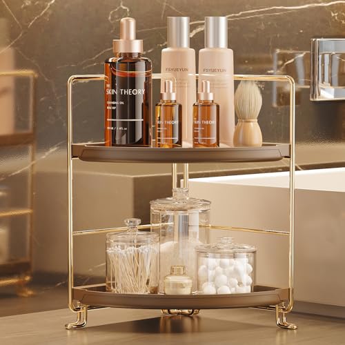 FSyueyun 2-Tier Corner Bathroom Counter Organizer, Gold & Brown | Plastic Bathroom Organizer Countertop for Skincare, Perfume, Makeup, Tool-Free Assembly, Small Bathroom Corner Tray Shelf - color: Gold & Brown
