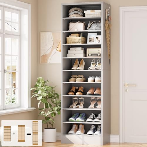 Aheaplus Tall Shoe Cabinet, 10 Tiers Narrow Wood Shoe Rack, Shoe Storage Organizer with Open Storage, Vertical Shoe Shelf Tower for 20-22 Pairs, Space Saving, for Closet, Entryway, Bedroom, Grey - color: Grey, size: 10 Tier (17.7"W)