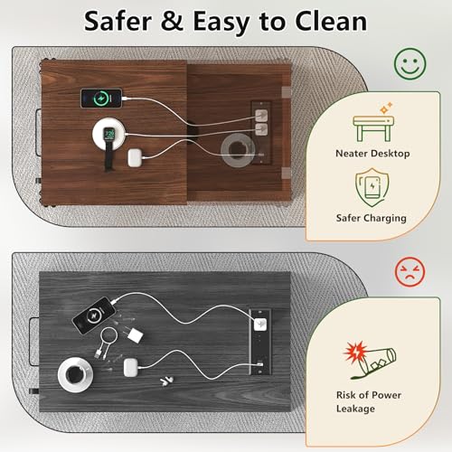 VVFLU Farmhouse End Table with Charging Station and 1 Storage Cabinet, 1 Drawer, Cherry Wood Nightstand Narrow, Skinny Side Table, Slim Bedside Table, Small Nightstand for Bedroom, Living Room, Sofa - color: Cherry/Glass
