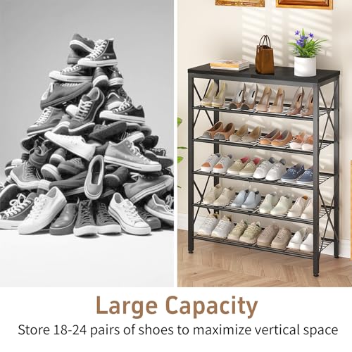 6-Tier Shoe Rack, Metal Shoe Stand with Wooden Top & 4 X Frames, Holds up to 24 Pairs, Sturdy Shoe Shelf for Entryway Closet Garage, Black - color: Black, size: 27.8"L x 10.8"W x 39.2"H