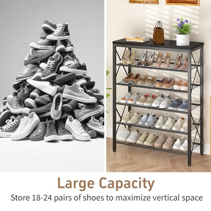 6-Tier Shoe Rack, Metal Shoe Stand with Wooden Top & 4 X Frames, Holds up to 24 Pairs, Sturdy Shoe Shelf for Entryway Closet Garage, Black - color: Black, size: 27.8"L x 10.8"W x 39.2"H