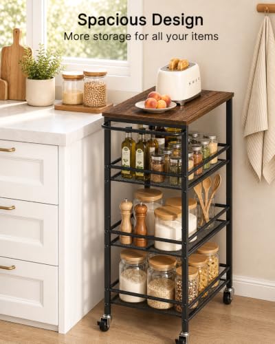 Pipishell Metal 4 Tier Laundry Storage Cart with Wheels, Handle & Wood Top | 10.83" Wide, Larger Storage Spaces, Rust-Resistant Steel, Ventilated Mesh, Anti-Fall Crossbars, 44 lbs Weight Capacity - size: 10.8 in