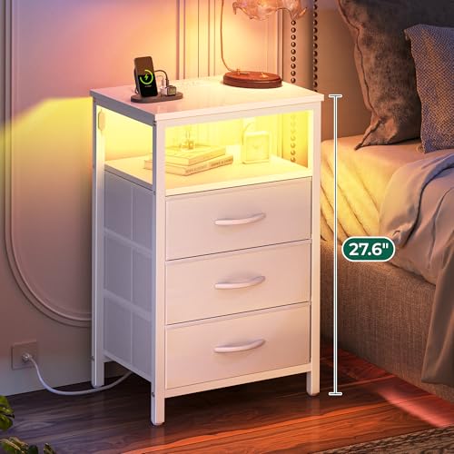 Huuger Night Stand with Charger Station and LED Lights, 3 Drawer Nightstand, Bed Side Table with Open Shelf, End Table, Tall Fabric Dresser for Bedroom, PU Leather, White - color: White, size: 11.8"D x 15.7"W x 27.6"H（3 Drawers）