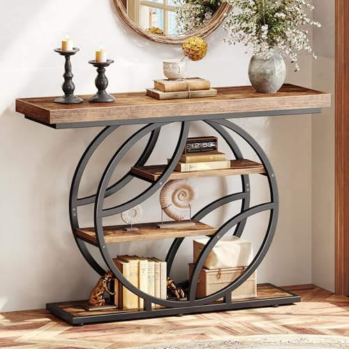 Huuger Modern Console Table, 41.3 Inch Sofa Table with Artistic Curved Metal Frame, Narrow Entryway Table for Hallway, Living Room, Behind Couch, Rustic Brown - color: Rustic Brown, size: 11.8"D x 41.3"W x 31.5"H