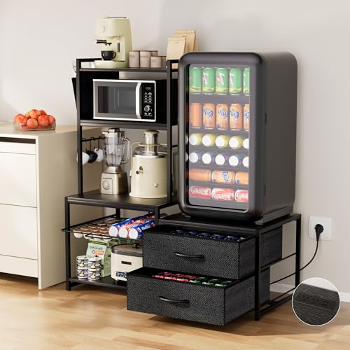POZILAN 47" Adjustable Mini Fridge Stand with Storage, 5-Tier Mini Fridge Shelf with Power Outlet, Sturdy Coffee Bar Station with Pod Storage, Microwave Stand for Dorm, Office, Kitchen, Black