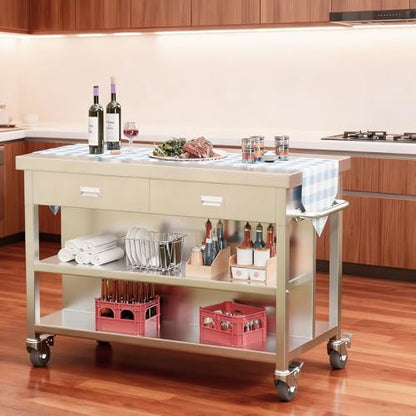 KINGBO 50" Stainless Steel Kitchen Island with Storage, Rolling Kitchen Island Table with 2 Drawers on Wheels, Portable Island Cart for Kitchen, Outdoor, Restaurant, Cafe