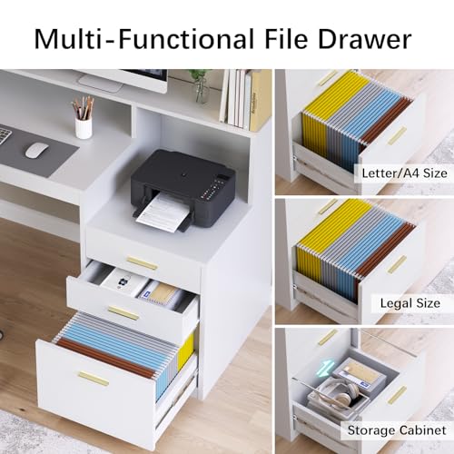 YOMILUVE Computer Desk with 3 Drawer & Storage Shelves, Home Office Desk with File Drawer & Cabinet, Writing Study Table with Long Monitor Stand & Printer Shelf, Executive Desk, White - color: White
