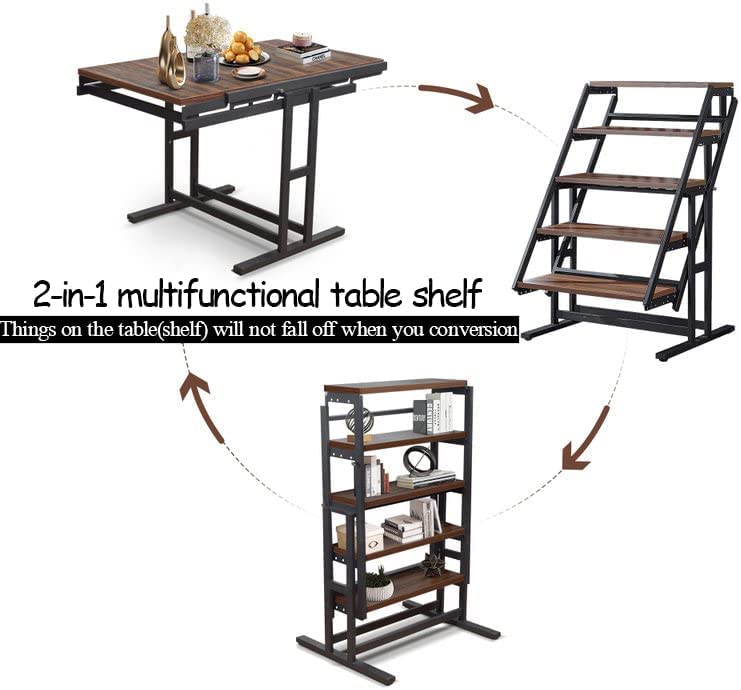 Space Saving Convertible Shelf Table, Multipurpose Converting Kitchen Dining Table to Shelf, Wood and Metal Convertible 2 in 1 Bookshelf to Dining Table