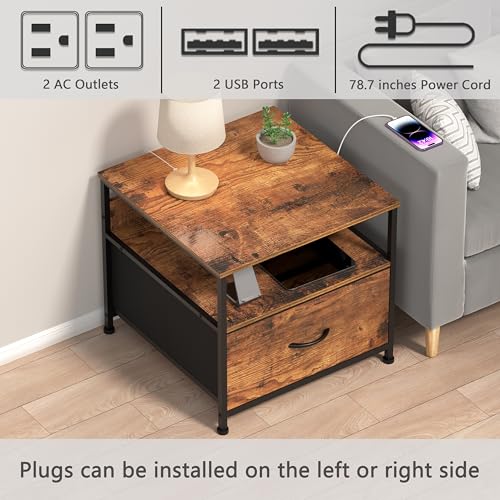Unionly Mini Fridge Stand with drawer Storage,shelf & Power Outlet | 180lb Mini Fridge Table with Charging Station,Heavy duty small refrigerator shelf,white end table for Living Room,Kitchen - color: Brown