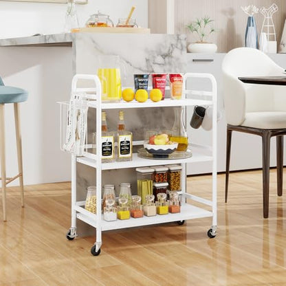 HDANI 3 Tier Metal Rolling Utility Cart,High Capacity Multi Purpose Heavy Duty Cart for Office,Kitchen,Living Room,Bedroom,White - color: White, size: Large with Basket