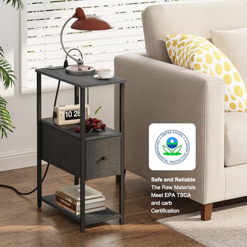 TUTOTAK Small Narrow End Table with Charging Station, Set of 2, Side Table with Outlets, Nightstand with Cloth Drawer, Couch Table, for Living Room, Bedroom, Bedside, Charcoal Grey TB01BY058 - color: Charcoal Grey, style: 1 Drawer & Plug