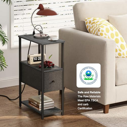 TUTOTAK Small Narrow End Table with Charging Station, Set of 2, Side Table with Outlets, Nightstand with Cloth Drawer, Couch Table, for Living Room, Bedroom, Bedside, Charcoal Grey TB01BY058 - color: Charcoal Grey, style: 1 Drawer & Plug