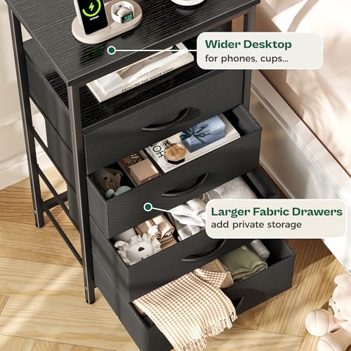 Huuger Night Stand with Charger Station and LED Lights, 4 Drawer Nightstand, Bed Side Table with Open Shelf, End Table, Fabric Dresser for Bedroom, Black - color: Black, size: 11.8"D x 15.7"W x 33.9"H（4 Drawers）
