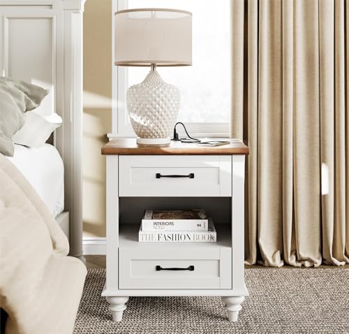 WAMPAT White Side Table with 2 Drawers & Charging Station, Mid Century Nightstand for Bedroom with Power Outlets & USB Ports, Wooden Bedside Table Night Stand with Shelf for Living Room, Antique White - color: Off White
