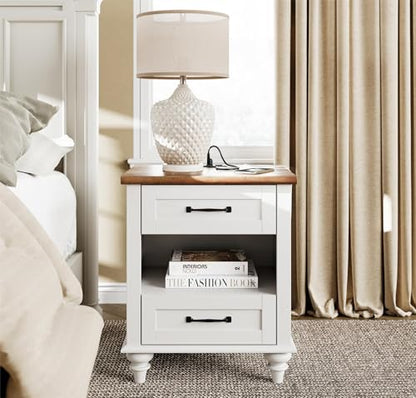 WAMPAT White Side Table with 2 Drawers & Charging Station, Mid Century Nightstand for Bedroom with Power Outlets & USB Ports, Wooden Bedside Table Night Stand with Shelf for Living Room, Antique White - color: Off White