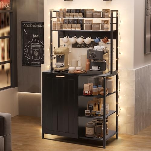 Kitchen Bakers Rack with Storage Shelf - 6-Tier Microwave Stand Oven Cabinet W/Tilting Trash Can Bin and Power Outlet, Farmhouse Thickened Coffee Bar Table Station W/6 Hooks&Adjustable feet - color: Black