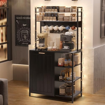 Kitchen Bakers Rack with Storage Shelf - 6-Tier Microwave Stand Oven Cabinet W/Tilting Trash Can Bin and Power Outlet, Farmhouse Thickened Coffee Bar Table Station W/6 Hooks&Adjustable feet - color: Black