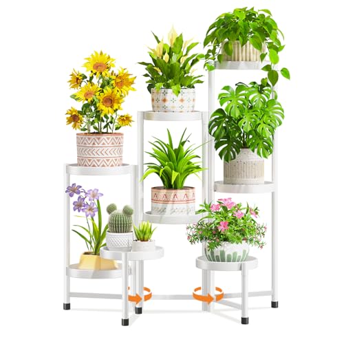 LASZOLA 8 Tiered Folding Tall Plant Stand Indoor for Multiple Large Planter, Heavy Duty Metal Adjustable Flower Rack for Narrow Corner, Sturdy Vertical Spiral Shelving Holder for Modern House, White - size: 8 Tier, White