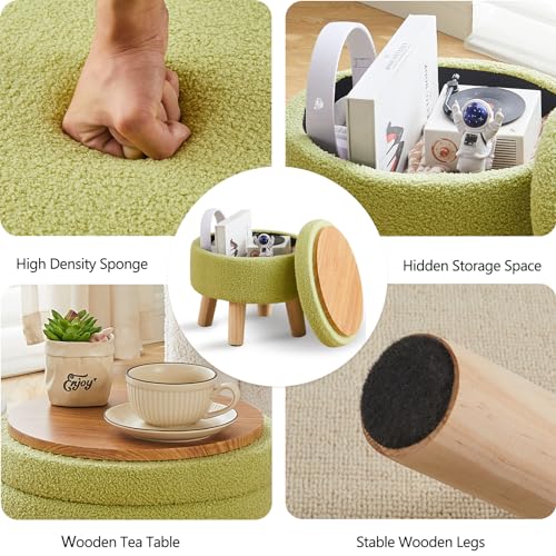 Wimarsbon Storage Ottoman, Modern Round Footrest with Soft Padded Seat, Teddy Velvet Footstool with Wood Legs, Accent Small Table or Plant Stand for Hallway, Living Room (Brilliant Green) - color: Brilliant Green