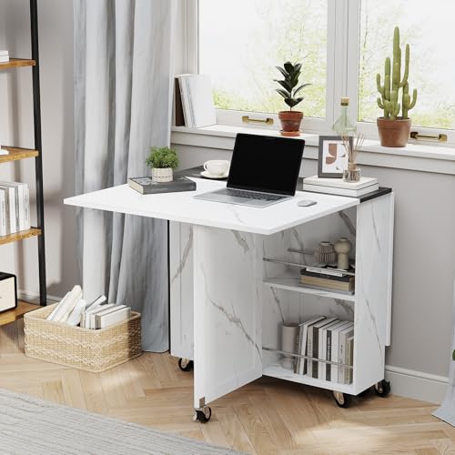 White Marble Mobile Folding Dining Table - 6-Wheel Rolling Kitchen Cart with Storage, Drop Leaf Design for Small Spaces, Suitable for Kitchen, Dining Room, Apartment - color: Black