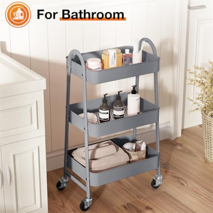 3-Tier Metal Rolling Utility Cart, Small Rolling Cart Kitchen Trolley Bathroom Laundry Room Bar Office Shelves Storage Organizer Shelving Unit with Caster Wheels for Narrow Places, Grey - color: Gray