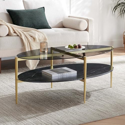 LumFurn Oval Glass Coffee Table, Mid-Century Modern Design, L43 x W22 x H17 inch, Surfboard Shaped Grey Glass Top and Black Marble Finish Wood Shelf, Tapered Legs with Gold Finish Frame - color: Grey & Black Marble, size: L43" Surfboard Coffee Table