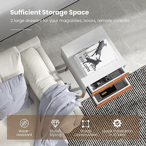 GOFLAME Nightstand with 2 Drawers, Small Wooden Side Table, Mid Century Modern Bedside Table with Storage, Compact End Table for Bedroom, Easy Assembly, White & Natural - color: White & Natural