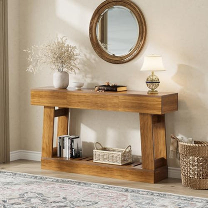 60" Farmhouse-Style Entryway Table with Drawers, Two-Tier Storage Design with Includes Drawers and Open Shelves, Sturdy Wooden Frame, Easy to Clean, Perfect for Entryways, Hallways, and Living Rooms