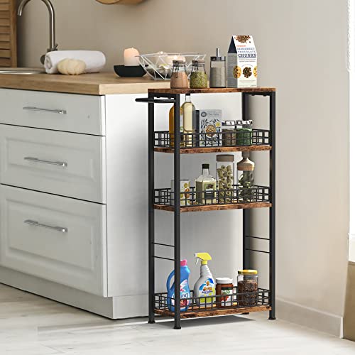 NOVIMANGO Slim Storage Cart Narrow Laundry Cart 4 Tier, Black | Rolling Kitchen Cart with Wheels, Narrow Bathroom Cart, with Handle for Small Spaces, with Wood Tabletop - color: Brown